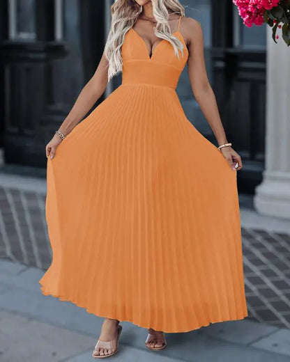 Bandeau Sleeveless Pleated Dress Elegant Flowy A Line Maxi Dress