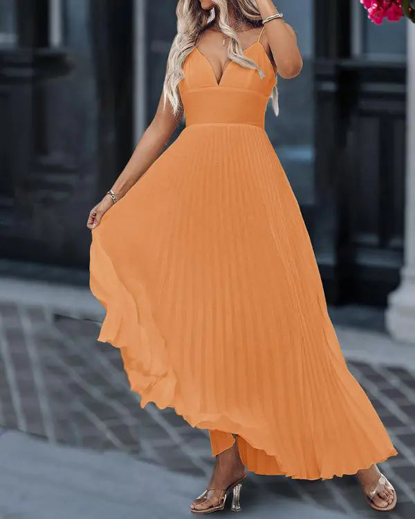 Bandeau Sleeveless Pleated Dress Elegant Flowy A Line Maxi Dress