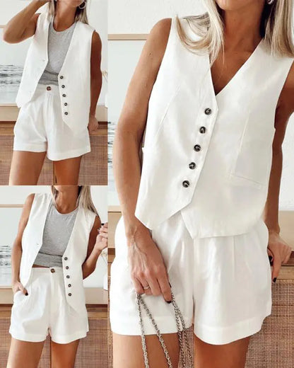 2 Piece V-Neck Sleeveless Front Button Tank Pants Set Work Blazer Sets with Pocket