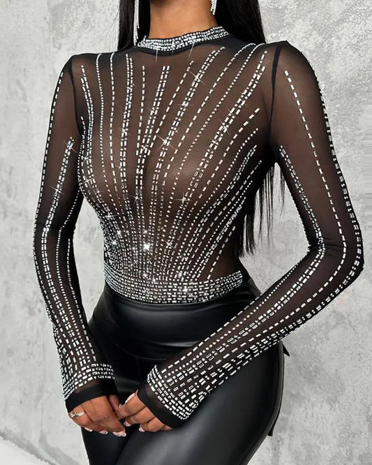 Rhinestone Sheer Mesh Bodysuit Slim Fit Round Neck Long Sleeves Glamorous Bodysuit