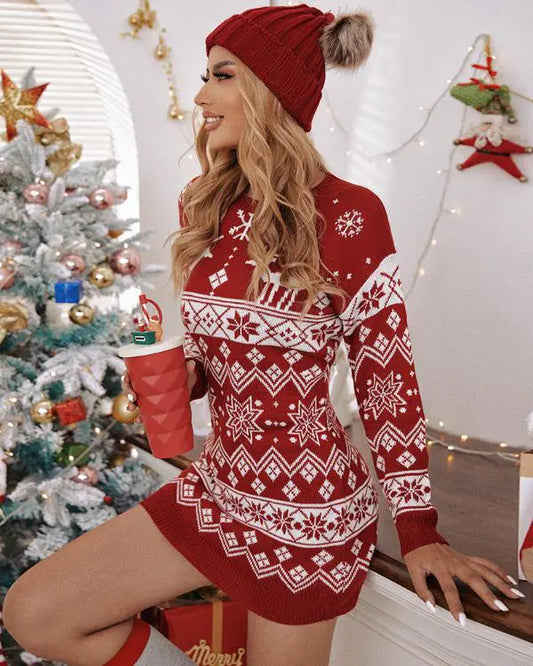 Christmas Fair Isle Pattern Knitted Sweater Dress Crewneck Long Sleeve Pullover Casual Dress