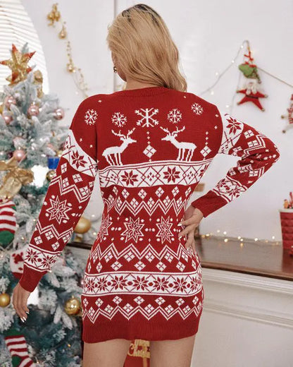 Christmas Fair Isle Pattern Knitted Sweater Dress Crewneck Long Sleeve Pullover Casual Dress