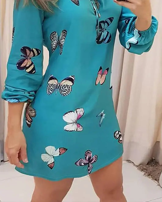 Butterfly Print Tie Front Long Sleeve Dress