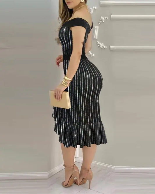 Off Shoulder Spaghetti Strap Fishtail Midi Bodycon Bowknot Design Elegant Dress