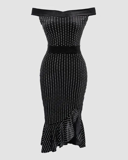 Cold Shoulder Beaded Bodycon Dress Ruffle Hem Slim Fit Party Dress
