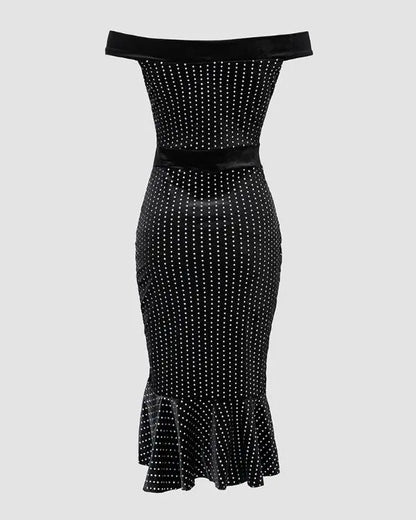 Velvet Off Shoulder Multicolor Holographic Metallic Silver Ruffle Hem Party Dress