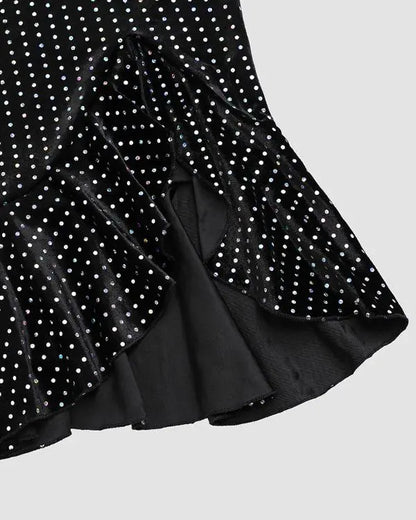Velvet Off Shoulder Multicolor Holographic Metallic Silver Ruffle Hem Party Dress