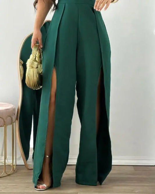 Plunge V Neck Spaghetti Strap Jumpsuit Sexy Slit Ruched One Piece Overall