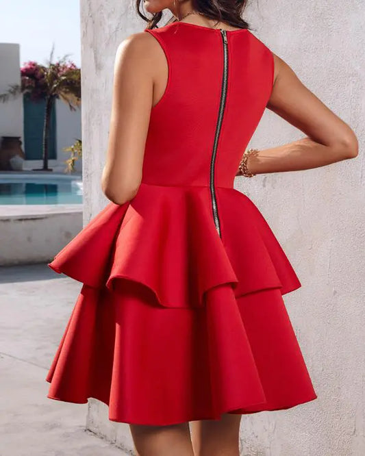 Lace V-Neck Sleeveless Zipper Design Cinched Waist A Line Mini Dress Elegant Party Dress