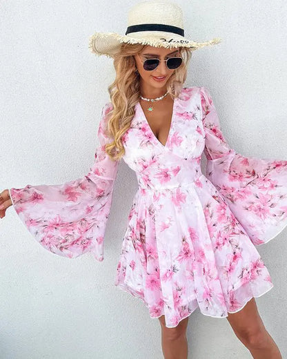 Floral Print Bell Sleeve Plunge Dress