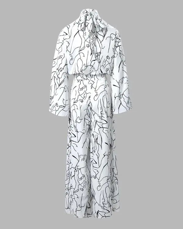 Abstract Figure Print Long Sleeve Wide Leg Jumpsuit