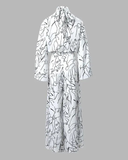 Abstract Figure Print Long Sleeve Wide Leg Jumpsuit