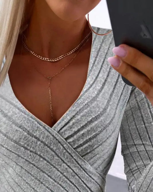 Wrap V Neck Long Sleeve Slim Fit Going Out Top Ribbed Asymmetrical Hem Fall Blouse