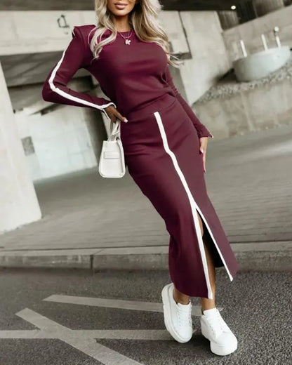 2 Piece O-Neck Pullover Casual Top Slit Front Skirt Set Tracksuit