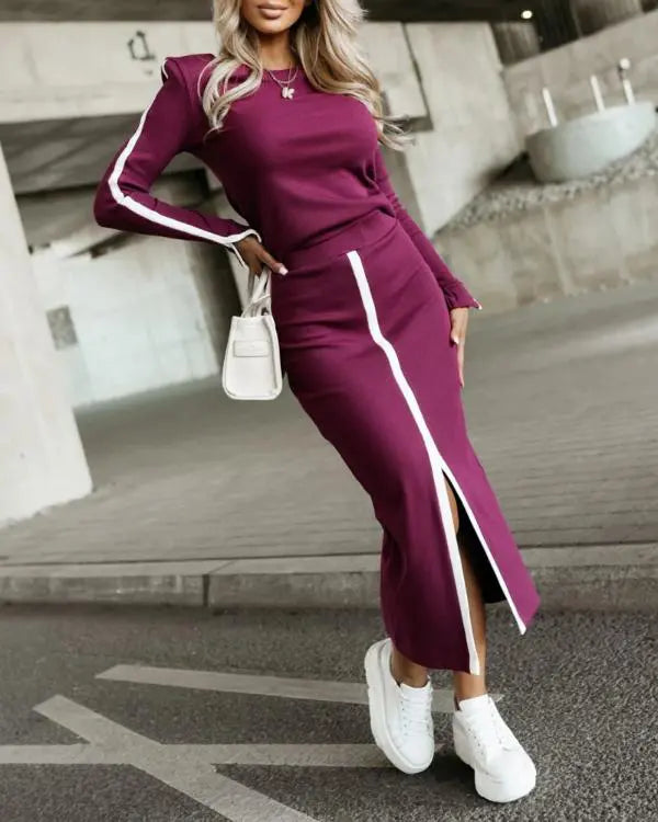 2 Piece O-Neck Pullover Casual Top Slit Front Skirt Set Tracksuit