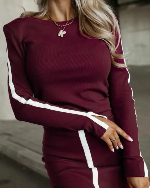 2 Piece O-Neck Pullover Casual Top Slit Front Skirt Set Tracksuit