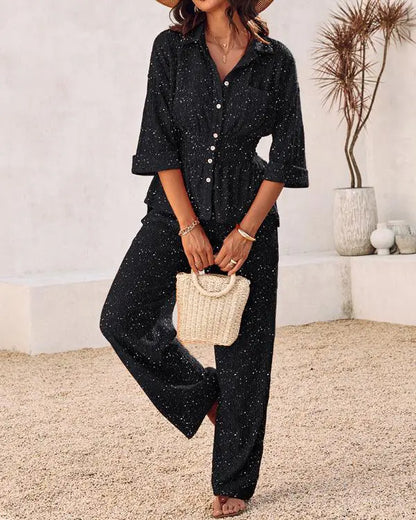 2 Pieces Glitter Stand Collar Three Quarters Sleeve Button Front Blouse and Casual Loose Fit Pants Set