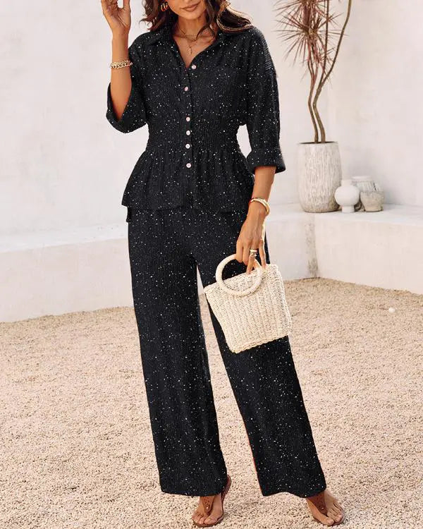 2 Pieces Glitter Stand Collar Three Quarters Sleeve Button Front Blouse and Casual Loose Fit Pants Set