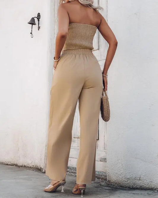 2 Piece Bandeau Sleeveless Shirred Tied Detail Front Button Top High Waist Wide Leg Pants Elegant Pants Set