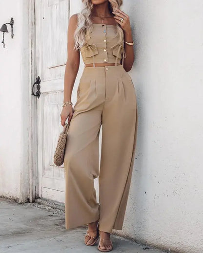 2 Piece Bandeau Sleeveless Shirred Tied Detail Front Button Top High Waist Wide Leg Pants Elegant Pants Set