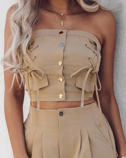 2 Piece Bandeau Sleeveless Shirred Tied Detail Front Button Top High Waist Wide Leg Pants Elegant Pants Set