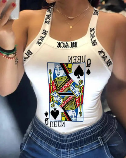 Letter Poker Print Sleeveless Bowknot Decor Top
