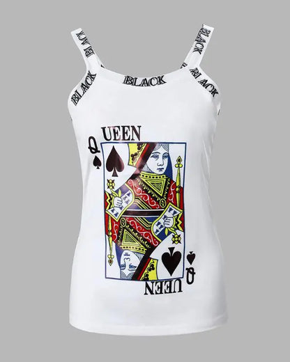 Letter Poker Print Sleeveless Bowknot Decor Top