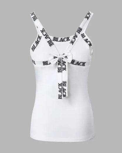 Letter Poker Print Sleeveless Bowknot Decor Top