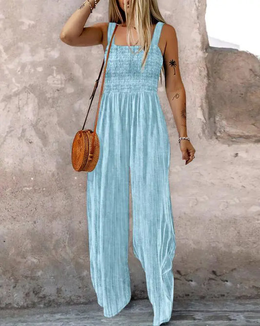 Tie Dye Print Square Neck Thick Strap Shirred Wide Leg Jumpsuit Casual Overalls with Pockets