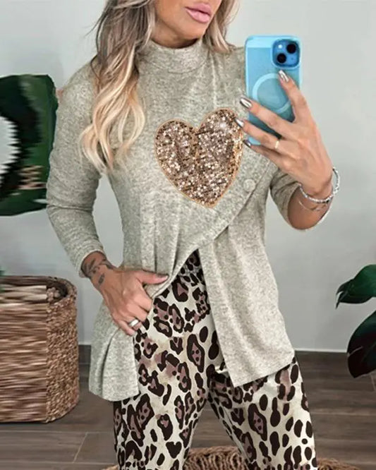 2 Piece Heart Pattern Contrast Sequin Mock Neck Long Sleeve Slit Top Leopard Print High Waist Cuffed Pants Lounge Sets