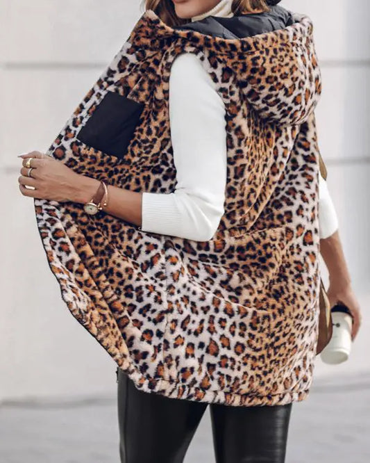 Reversible Leopard Pattern Vests Sleeveless Fleece Lined Jacket Zip Up Hoodie Pockets Long Warm Winter Coat