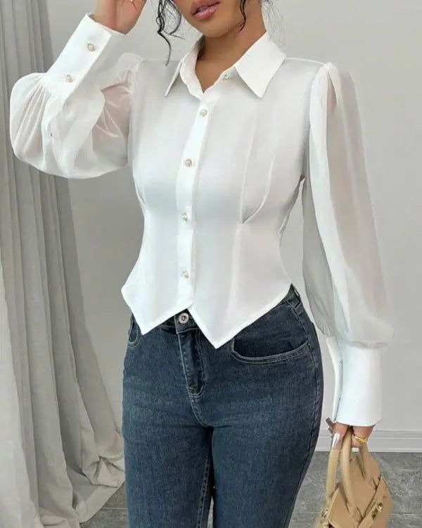 Ciff Lantern Sleeve Turn-down Collar Cinched Waist Beaded Decor Blouse Casual Top