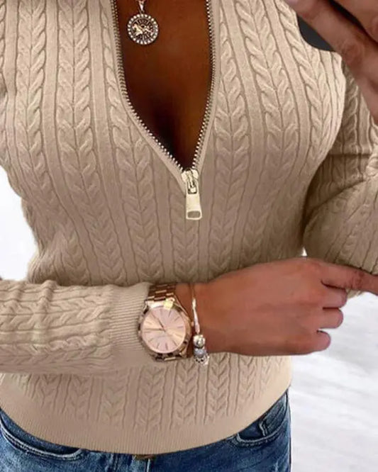 Waffle Knit Multicolor Round Neck Long Sleeve Half Zipper Design Top