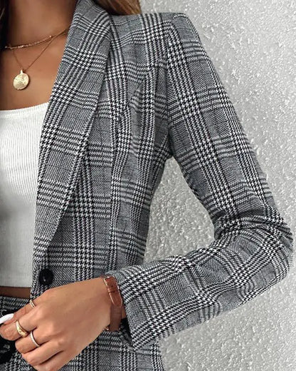 2 Piece Blazer Notched Collar Plaid Print Coat Drawstring Pants Set with Pockets Casual Suits