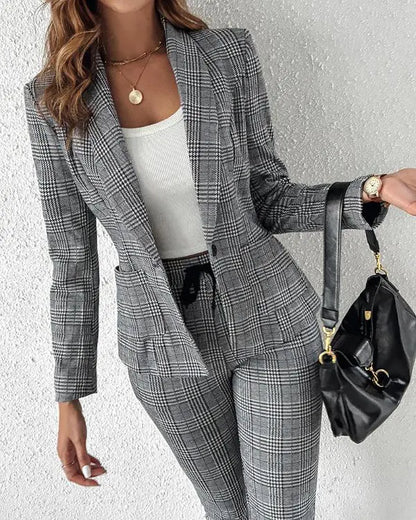 2 Piece Blazer Notched Collar Plaid Print Coat Drawstring Pants Set with Pockets Casual Suits