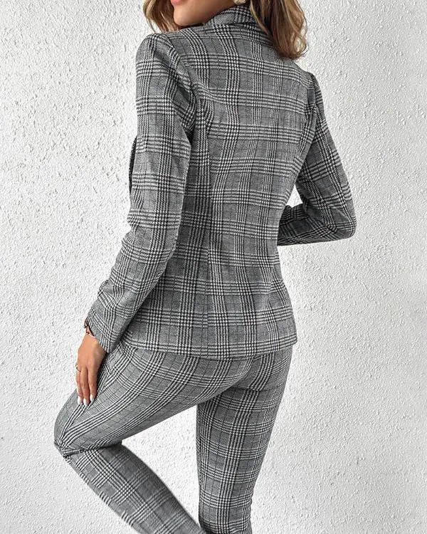 2 Piece Blazer Notched Collar Plaid Print Coat Drawstring Pants Set with Pockets Casual Suits