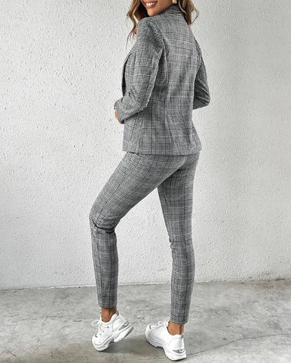 2 Piece Blazer Notched Collar Plaid Print Coat Drawstring Pants Set with Pockets Casual Suits