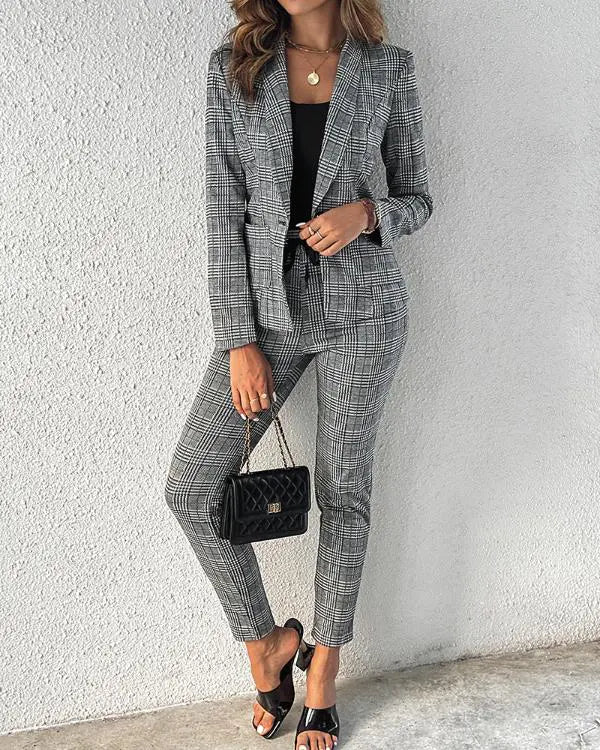 2 Piece Blazer Notched Collar Plaid Print Coat Drawstring Pants Set with Pockets Casual Suits