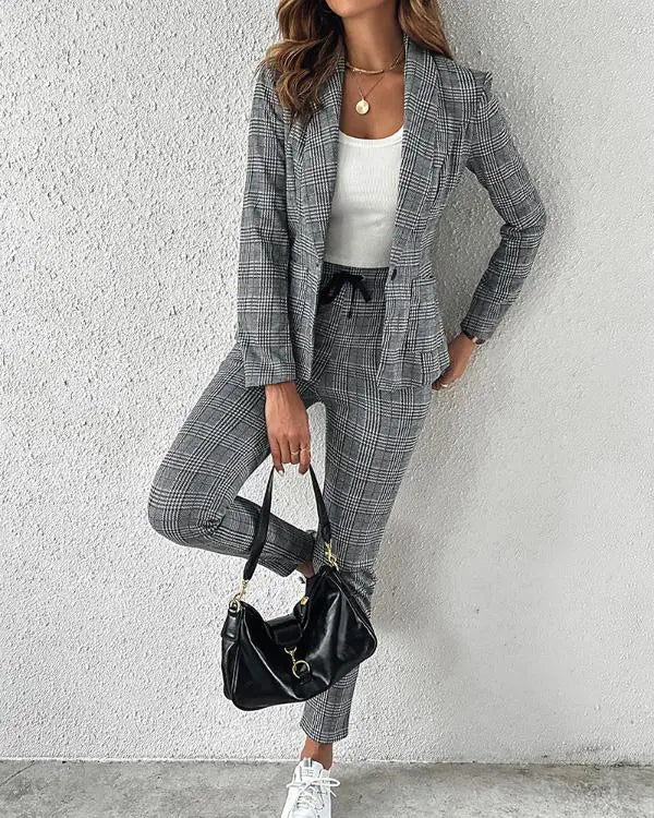 2 Piece Blazer Notched Collar Plaid Print Coat Drawstring Pants Set with Pockets Casual Suits