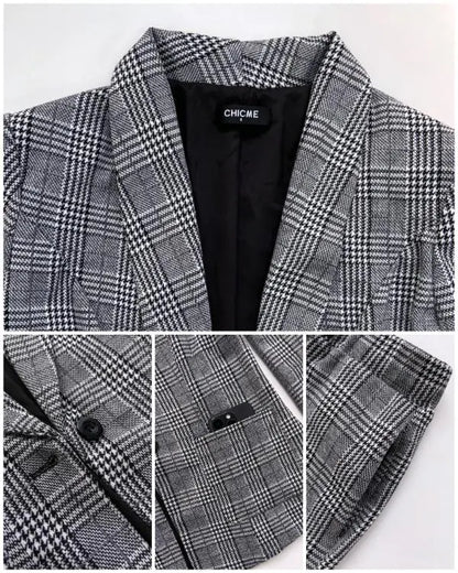 2 Piece Blazer Notched Collar Plaid Print Coat Drawstring Pants Set with Pockets Casual Suits