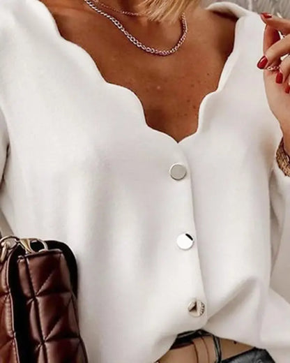 V-Neck Long Sleeve Front Button Cardigan Scallop Design Casual Top