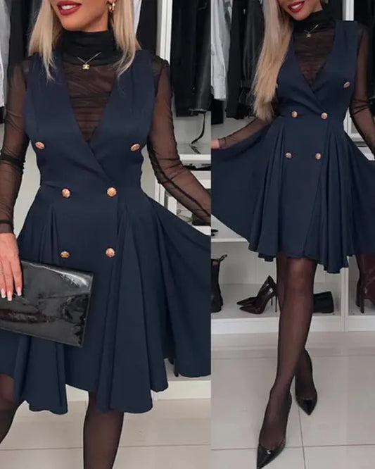 Deep V-Neck Sleeveless Metal Button Criss Cross Flare Midi Dress Work Dress
