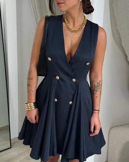 Deep V-Neck Sleeveless Metal Button Criss Cross Flare Midi Dress Work Dress