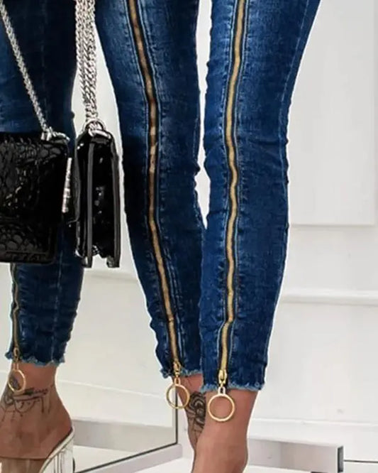 O-Ring Zipper Decor Skinny Jeans