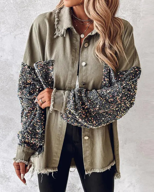 Casual Jacket Sequin Patchwork Long Sleeve Jacket Top Button Front Raw Hem Oversized Denim Shacket