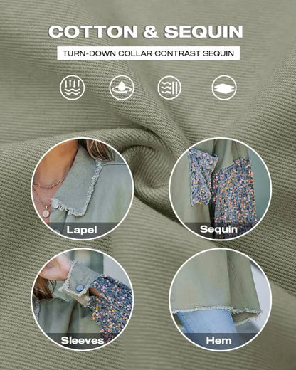 Contrast Leopard Sequin Patchwork Long Sleeve Jacket Top Button Front Raw Hem Shacket