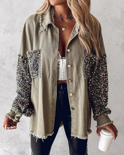 Contrast Sequin Turn-down Collar Long Sleeve Tassel Design Fuzzy Shacket with Pocket