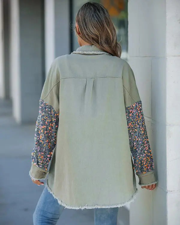 Contrast Leopard Sequin Patchwork Long Sleeve Jacket Top Button Front Raw Hem Shacket