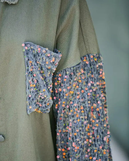 Casual Jacket Sequin Patchwork Long Sleeve Jacket Top Button Front Raw Hem Oversized Denim Shacket