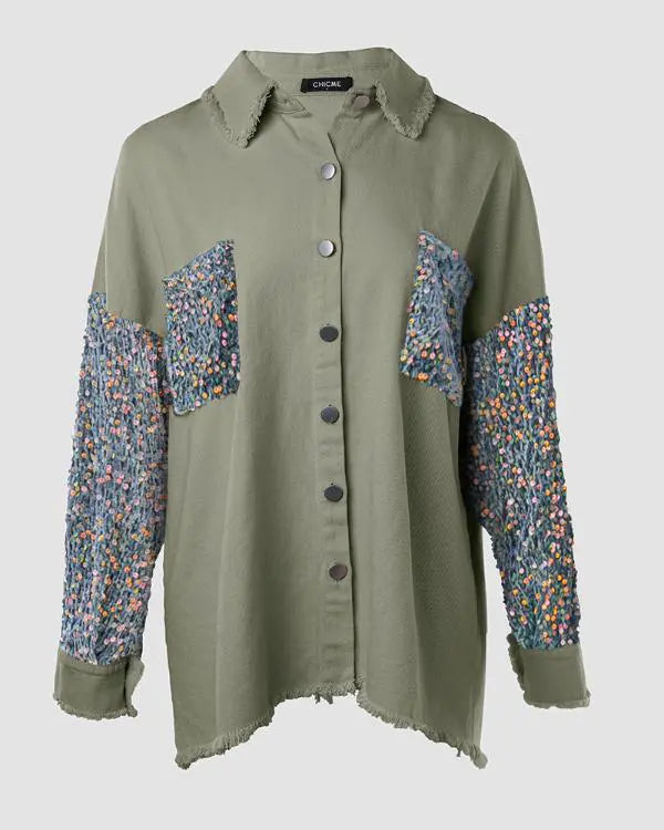 Contrast Leopard Sequin Patchwork Long Sleeve Jacket Top Button Front Raw Hem Shacket